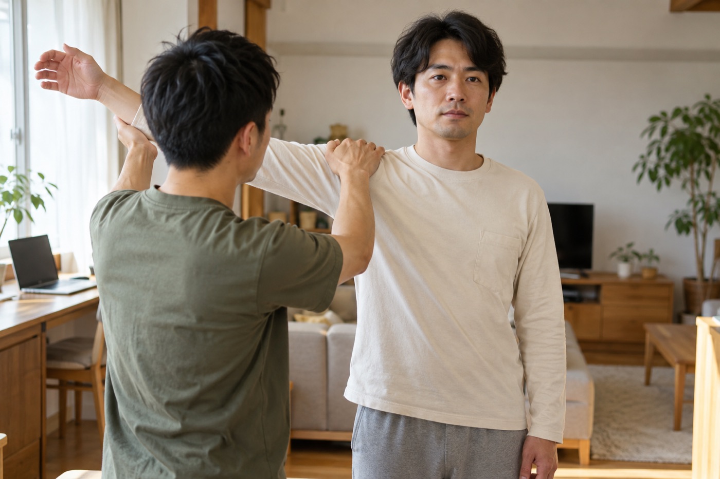 自宅で腕を上げる男性の肩に施術者が手を添え、動きを確かめている様子